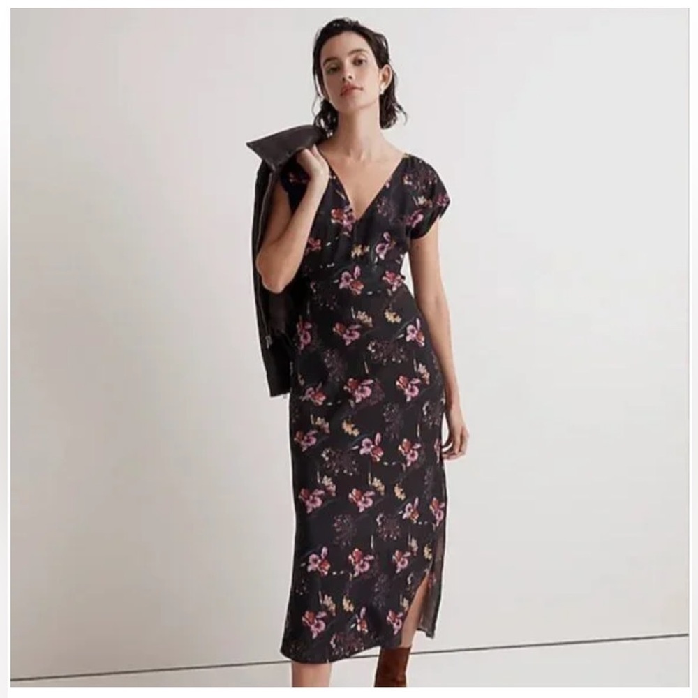 Madewell Black Floral Midi Dress with Pink Accents